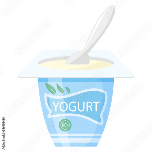 Vector fresh yogurt container and plastic spoon isolated on white background.