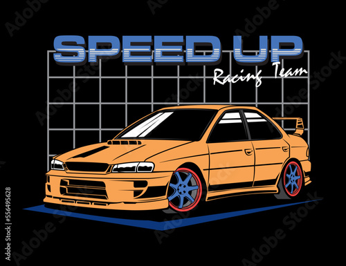 90s t-shirt design style with orange car illustration and striped background also text vector graphic 