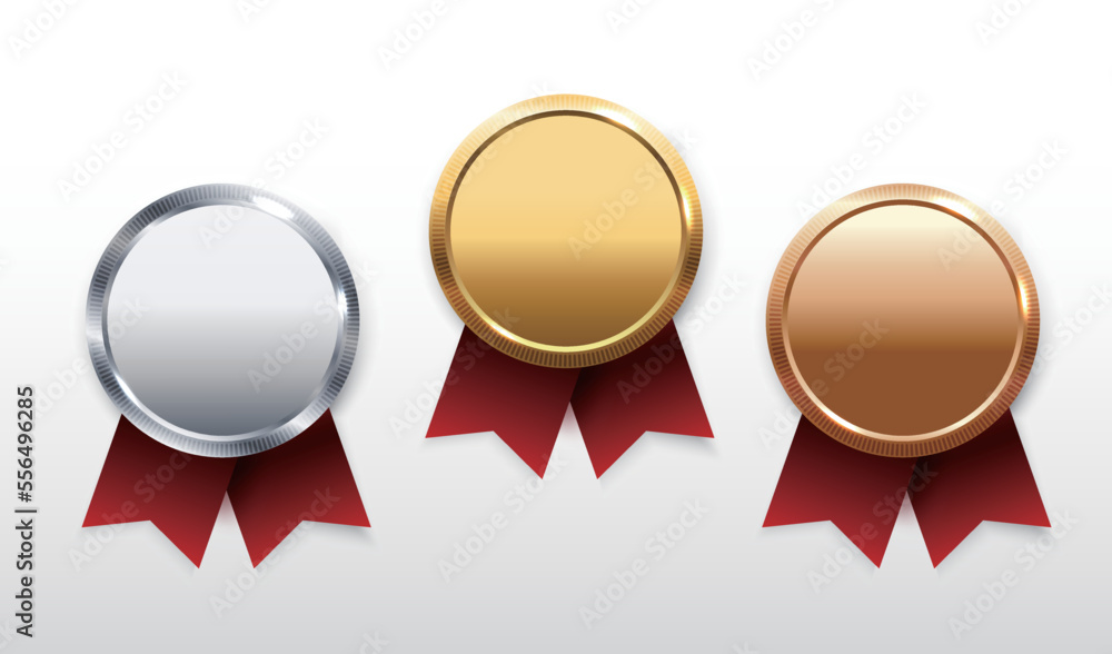 Gold, silver and bronze medals vector.Champion and winner awards Sports medal set with red ribbon. Gold, silver and bronze medals vector.Champion and winner awards Sports medal set with red ribbon.