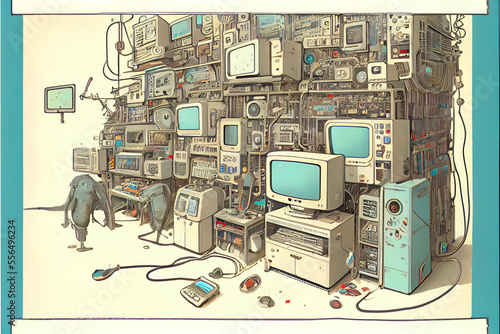 This eye-catching illustration showcases the overwhelming presence of technology in our lives. Ideal for articles about digital addiction or the pervasiveness of computers in modern society. photo