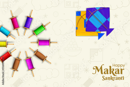 happy makar sankranti creative banner background design with latai and kite illustration photo