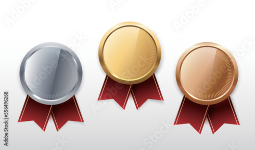 Gold, silver and bronze medals vector.Champion and winner awards Sports medal set with red ribbon.