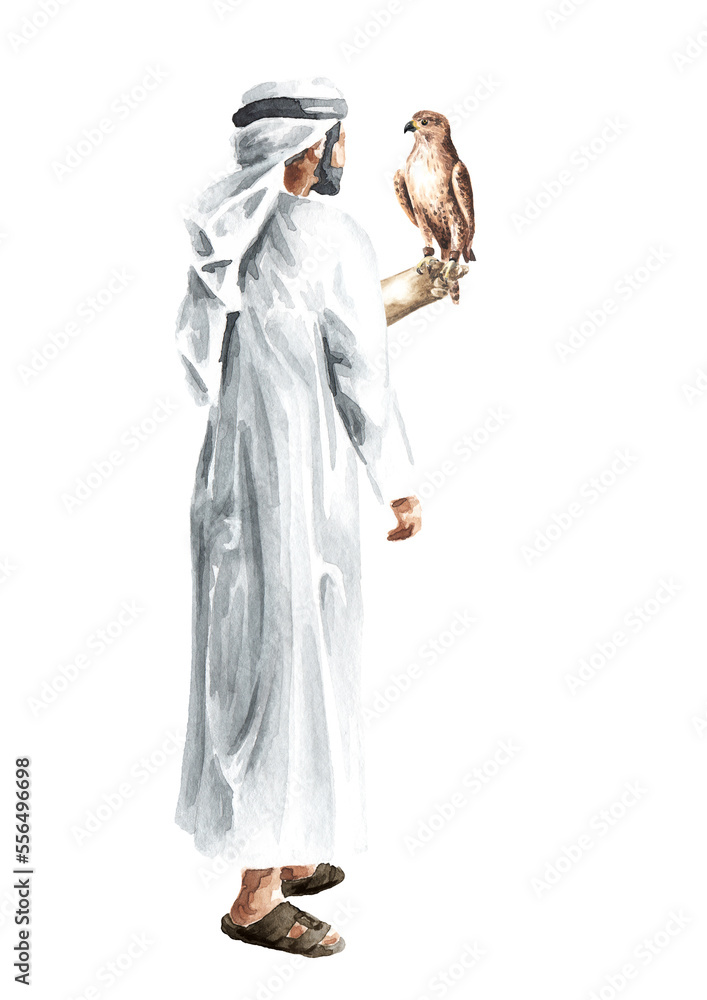 Falconry. A falcon sits on the arm of an Arab man. Hand drawn watercolor illustration isolated on white background