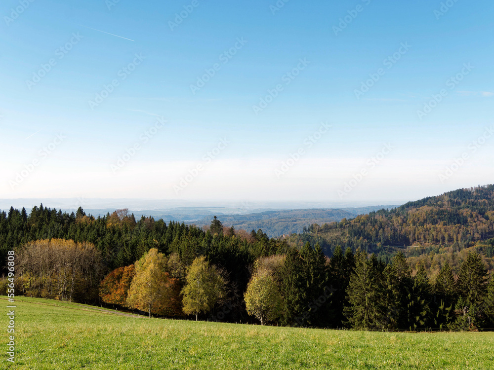 Fototapeta premium Black Forest landscape around Gersbach in Germany, forested mountains with view of Swiss Jura mountains to horizon