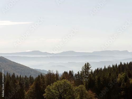 Black Forest landscape around Gersbach in Germany, forested mountains with view of Swiss Jura mountains to horizon