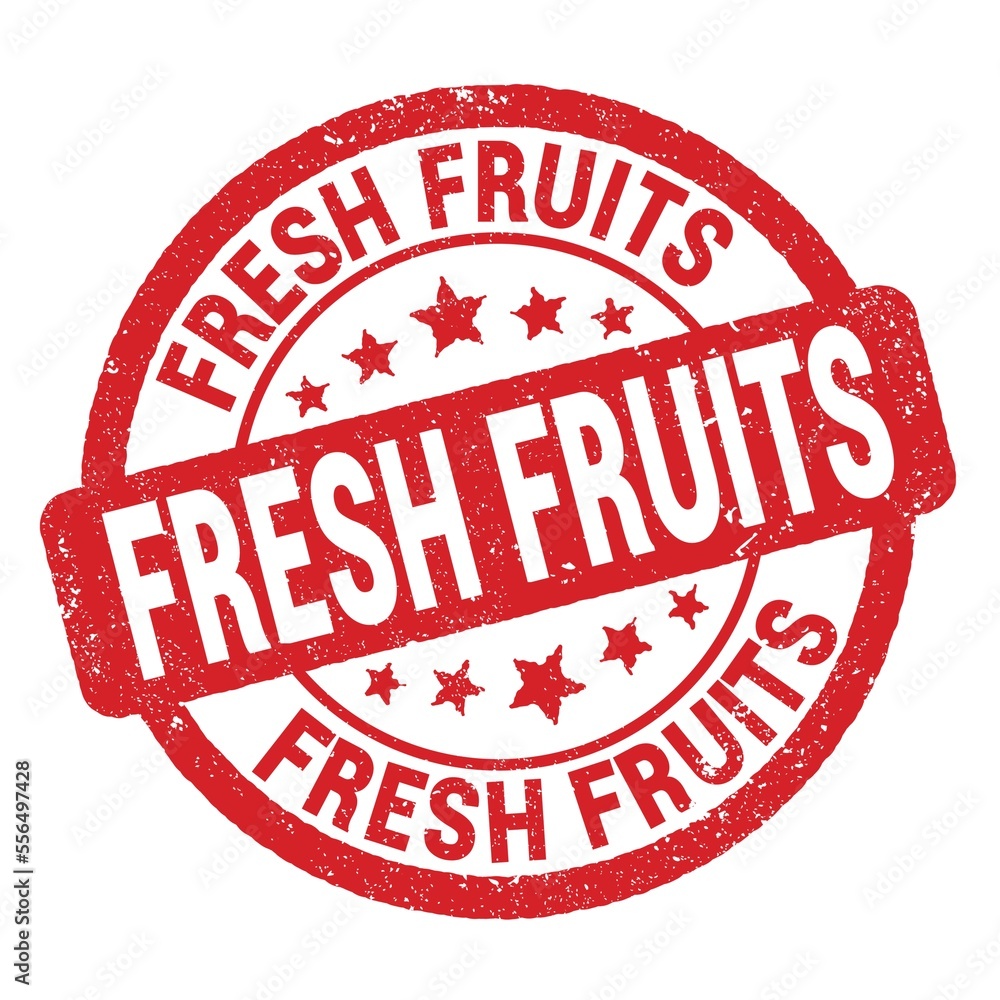 FRESH FRUITS text written on red round stamp sign. FRESH FRUITS text written on red round stamp sign.