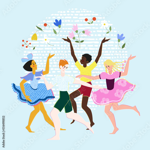 Vector illustration, children of different nationalities dance together throwing flowers. Good and peace, equality. Poster, poster, advertising, social theme.