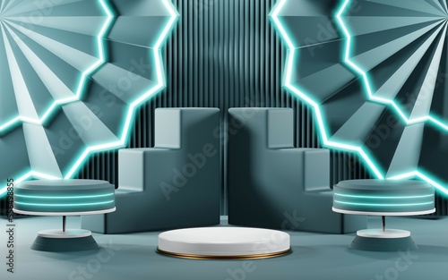 3D render of Podium background in blue tones for displaying cream products. cosmetics