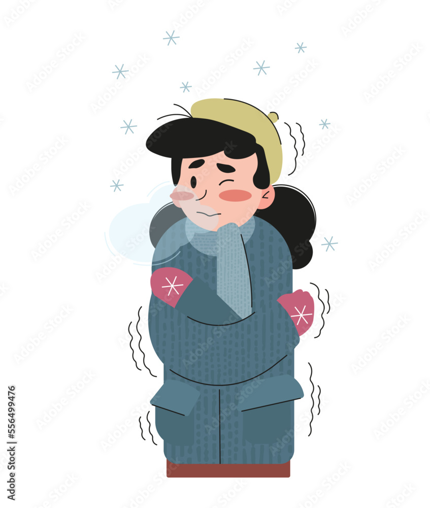 Vector winter illustration, the girl is shivering and freezing from the cold in winter. Weather forecast, cold, winter. Poster, advertisement, booklet. Vector winter illustration, the girl is shivering and freezing from the cold in winter. Weather forecast, cold, winter. Poster, advertisement, booklet.