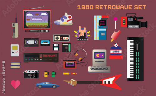 Big set of 1980's related items, retrowave vector icons and stickers: cellphone, tv, sneakers, handheld game console, video and audio cassettes, gamepad, player, vcr, computer, synthesizer, etc.