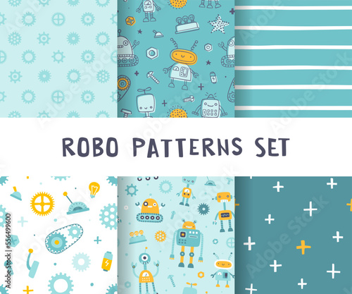 Cute childish robot pattern set. Seamless funny vector prints collection for baby textile. Scandinavian prints bundle with robots.