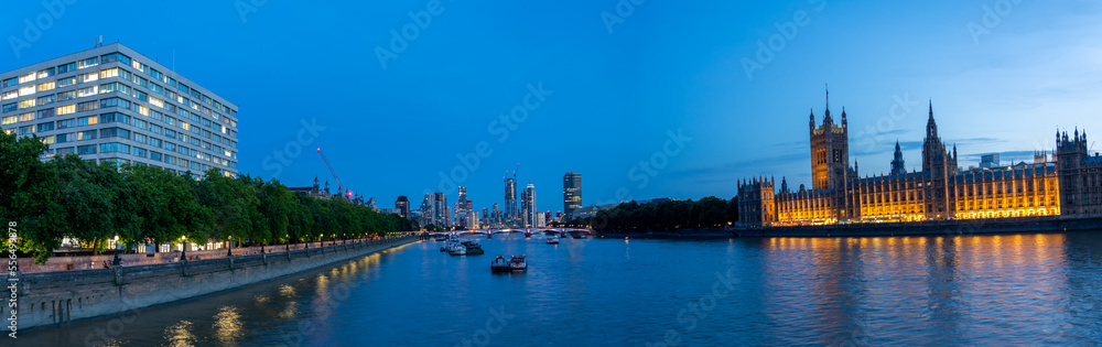 Panoramic View of the House of Parliament and Thames river at night