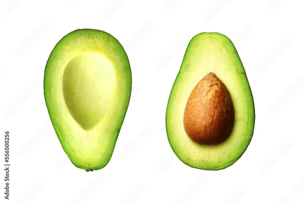 Two slices of avocado on white background.