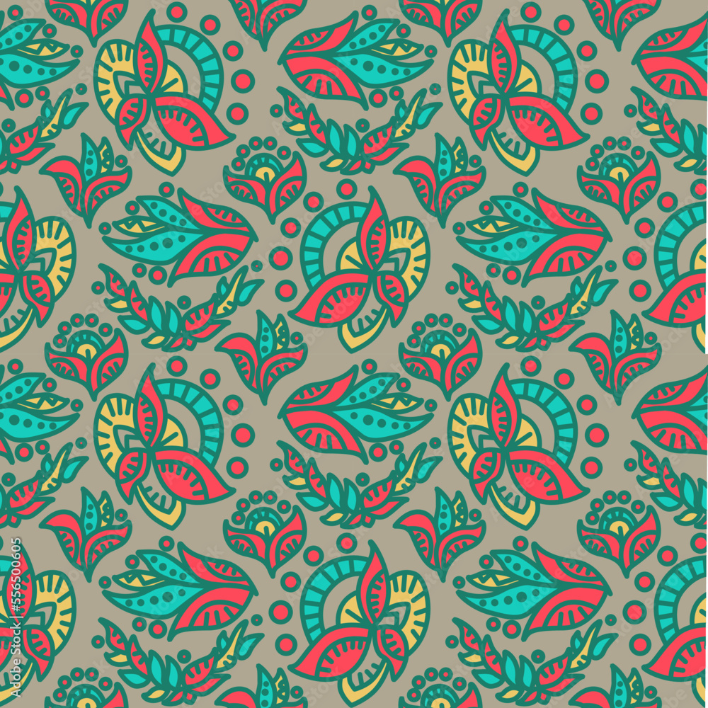 Seamless abstract floral pattern. Blue, grey, green, red. Vector. Botanical texture, ethnic style. Leaves, flowers, dots. Design for textile fabrics, wrapping paper, background, wallpaper, cover. Seamless abstract floral pattern. Blue, grey, green, red. Vector. Botanical texture, ethnic style. Leaves, flowers, dots. Design for textile fabrics, wrapping paper, background, wallpaper, cover.