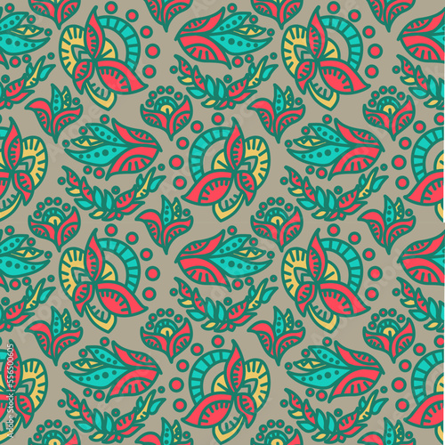 Seamless abstract floral pattern. Blue, grey, green, red. Vector. Botanical texture, ethnic style. Leaves, flowers, dots. Design for textile fabrics, wrapping paper, background, wallpaper, cover.