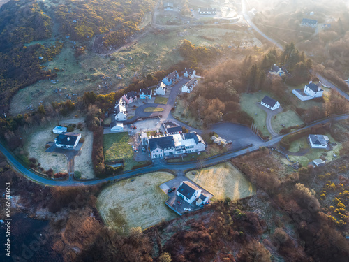 Aerial view of the lake house at Clooney Lake in Narin by Portnoo  County Donegal - Ireland