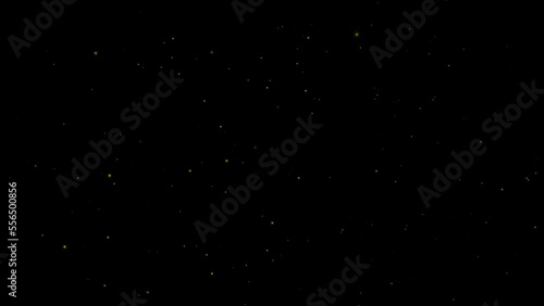 Yellow fireflies whirl merrily and wink in the summer sky. Abstract glow and movement of glowing particles on black background with Alpha channel. Festive backdrop for advertise, text. 3D render