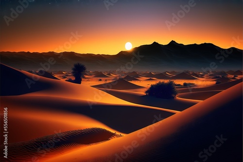 a desert with a sunset and a lone tree in the distance with mountains in the background and a star filled sky. © Anna