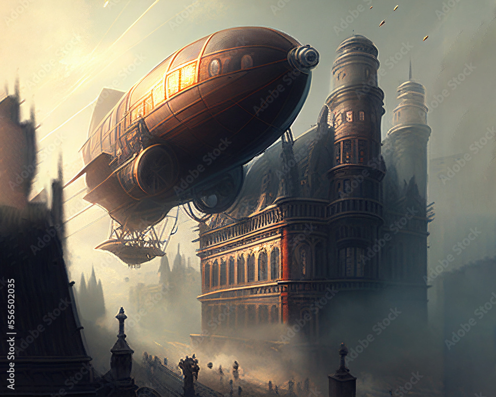 steampunk vehicle over a city