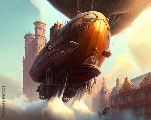 steam-powered zeppelin floating on a city
