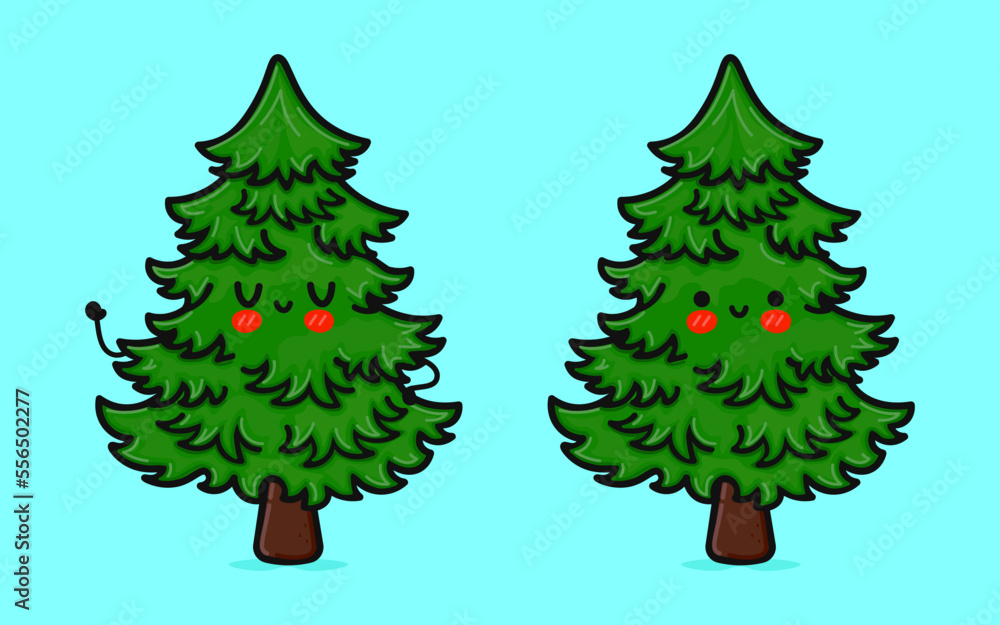 Fototapeta premium Cute funny Christmas tree waving hand. Vector hand drawn cartoon kawaii character illustration icon. Isolated on blue background. Spruce character concept