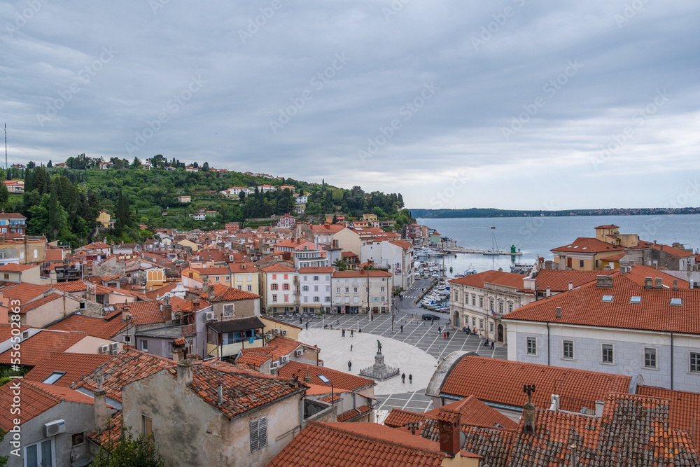 View of Piran town square and harbor