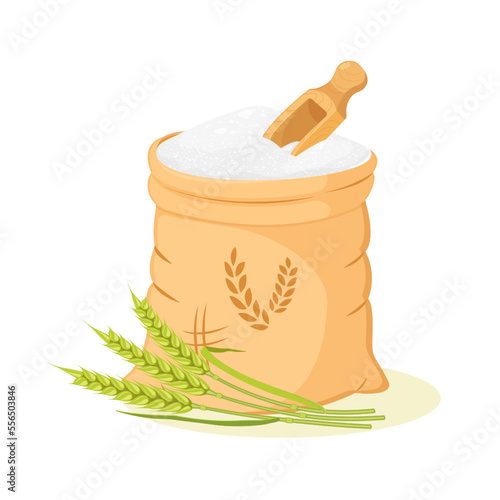Bag of flour open and scoop. Wheat product. Flour packaging design vector illustration isolated on white