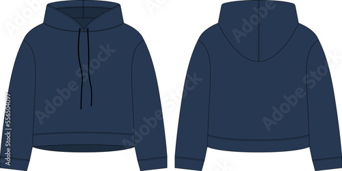 Women crop hoodie technical sketch. Dark blue color. CAD mockup template hoody.