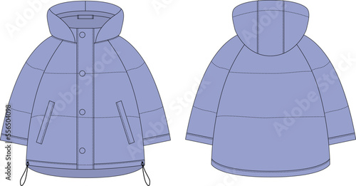 Ooversized raglan puffer winter down coat technical sketch. Cool blue color. Women's quilting jacket design template