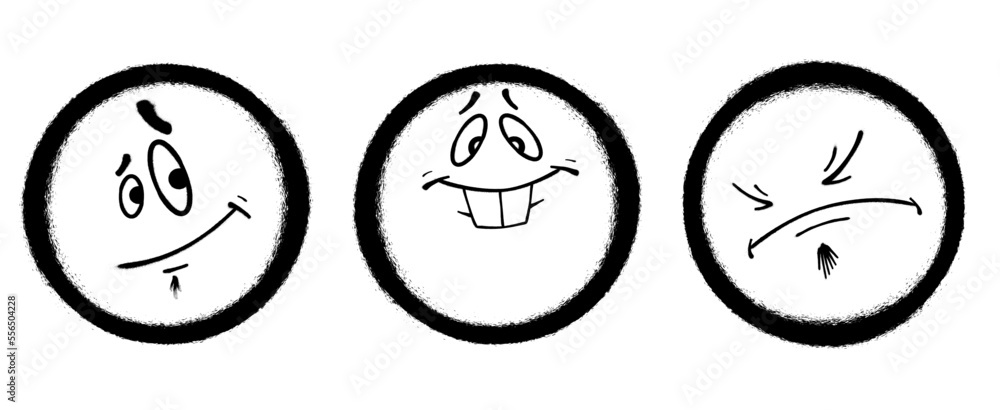 Three graffiti emoticons. Smiling face painted spray paint. Vector illustration on white background Three graffiti emoticons. Smiling face painted spray paint. Vector illustration on white background