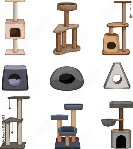 cat tree set cartoon. animal toy, house pet, cute kitten, domestic play, feline cat tree vector illustration