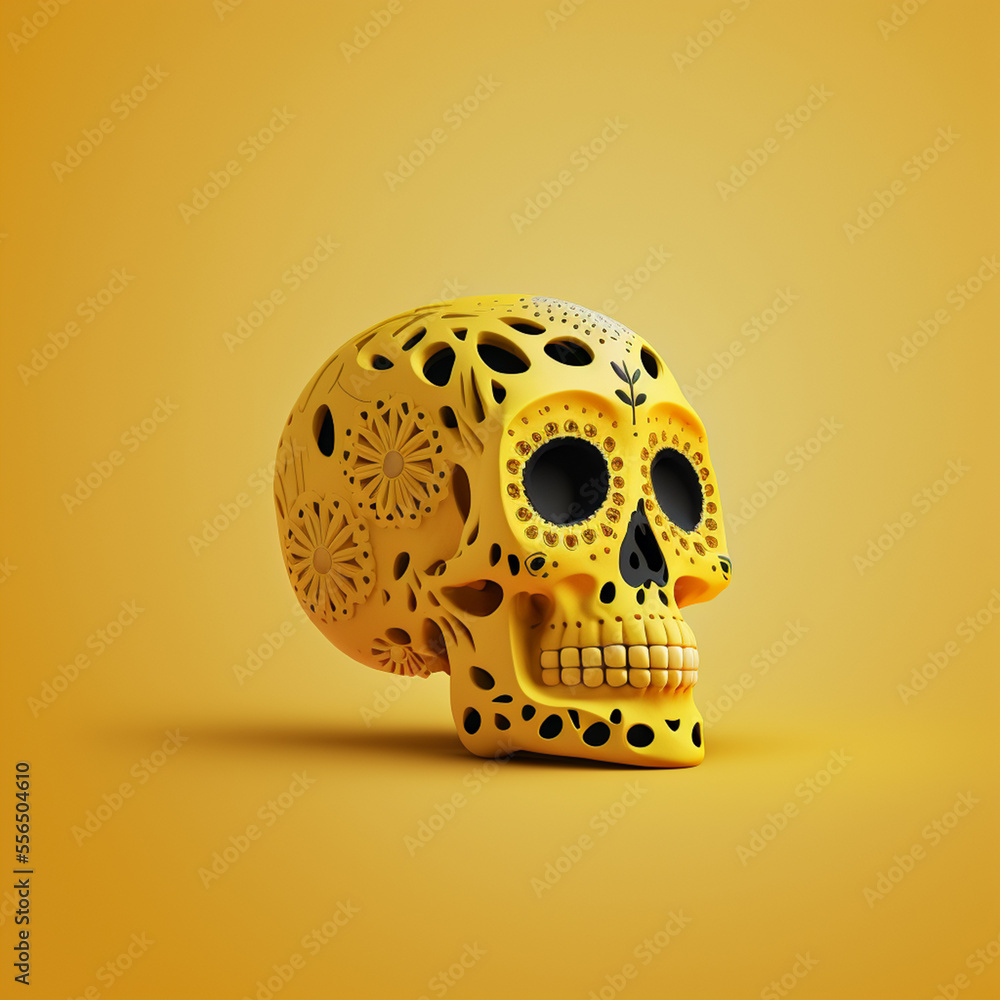 Illustration of a skeleton head (calavera) with flowers, yellow background. Concept for Mexican celebration of the Day of the Dead.