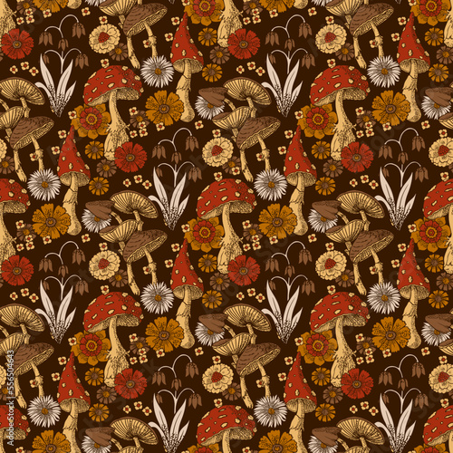 seamless pattern with fly agaric mushrooms and flowers in retro style, 70s