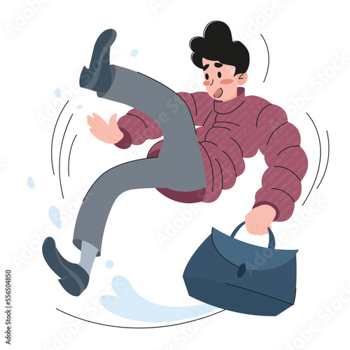 Vector illustration, a man who slipped on the ice and serves. Ice, winter, weather. Poster, poster, booklet, advertising.