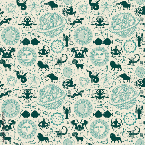 Abstract seamless pattern with zodiac signs, horoscope symbols, sun, moon, stars, constellations and Ptolemaic Geocentric System. Decorative vector background in cartoon style