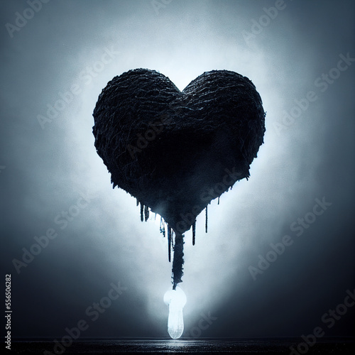  Black heart with illumination on a blurred background. Symbol of love and feelings. Unusual gift for Valentine's Day