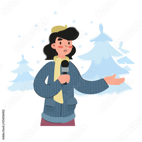 Vector illustration, a female reporter transmits a report on the street. Weather forecast, winter, weather. Poster, poster, booklet, advertising.