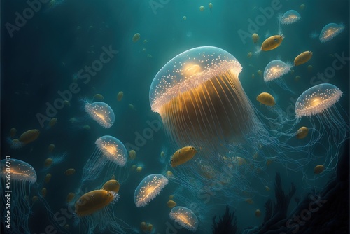 a group of jellyfish swimming in the ocean together with bubbles and bubbles on the water's surface.