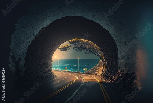 tunnel road overlooking the sea, 3d illustration