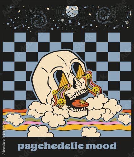 skull with a stamp on the tongue and rainbow tears, poster, t-shirt print, psychedelic illustration