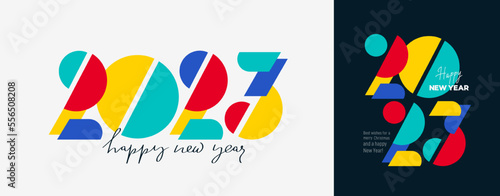 Happy New Year 2023 trend vector illustration. Colorful design, trendy style. 2023 calendar. Brochure design template, card, banner. Creative vector illustration. Isolated Cristmas on white background