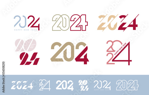 Set of 2024 Happy New Year logo trend design. 2024 number design template. Template of 2024 Happy New Year symbols. Logo for calendar, business. Xmas vector illustration isolated on white background.