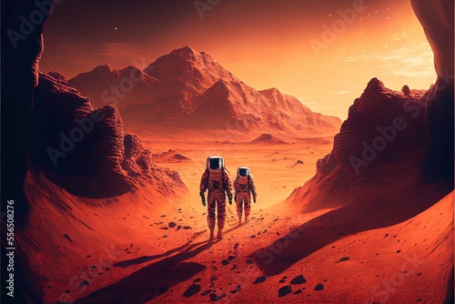 Space station on mars, space exploration, spacecraft. Astronauts on the planet. Ai Generative