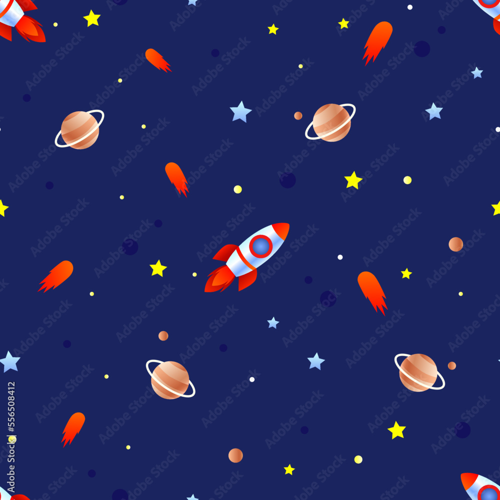 Rocket, planet and comet on navy background. Seamless vector pattern. Rocket, planet and comet on navy background. Seamless vector pattern.