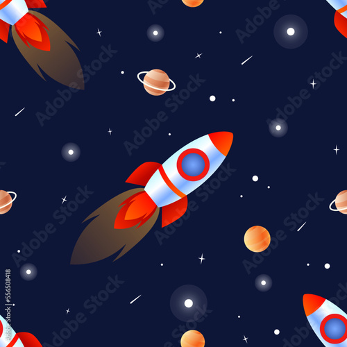 Rocket flies in space against the background of planets and stars. Seamless vector pattern.