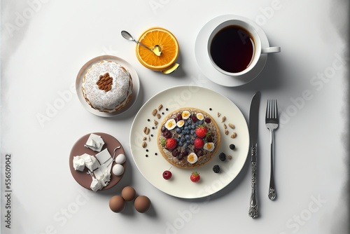 a plate of food with a cake and a cup of coffee on a table with other food items and utensils.