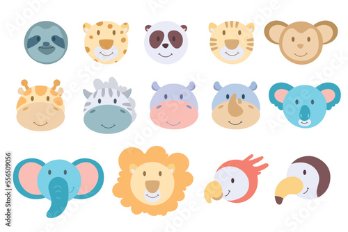 Fototapeta Naklejka Na Ścianę i Meble -  Cute animal faces set. Hand drawn characters. lion, giraffe, elephant, turtle, zebra, parrot, hippo, monkey, sloth, rhino, panda, tiger, panda, toucan. heads wild animal