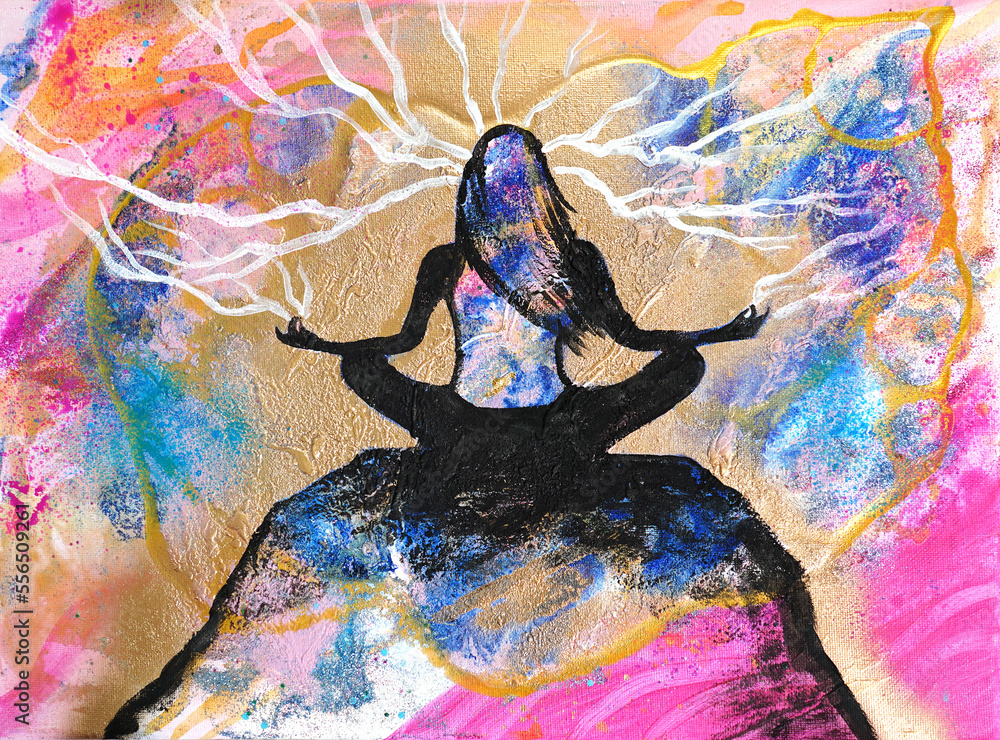 Artistic painting big woman sitting on a black rock, relaxing pose