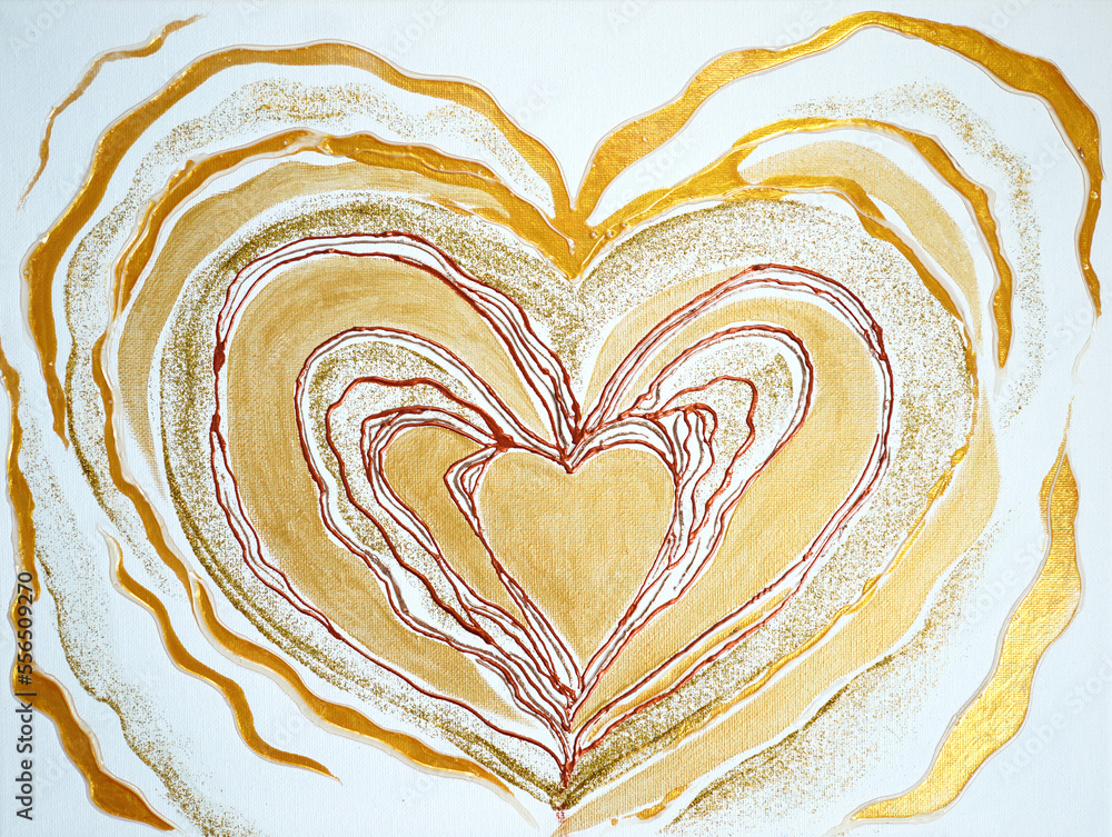 Artistic painting big lovely heart, yellow gold golden white lines