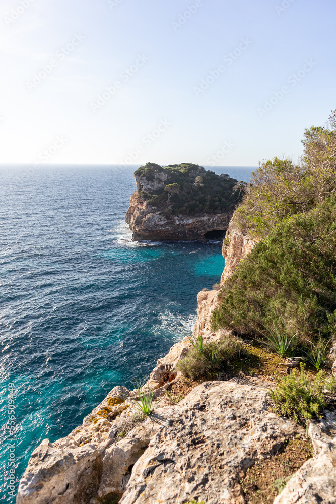 Coves, beaches and cliffs on the island of Majorca, Spain, Europe. Palma de Mallorca in the Mediterranean Sea.